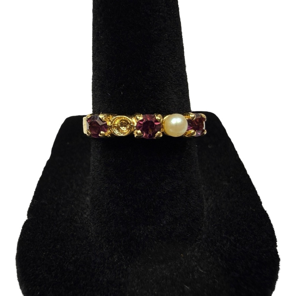 Vintage Style 18K GE Gold Electroplated Garnet & Pearl Ring Gold Tone Band Sz 7